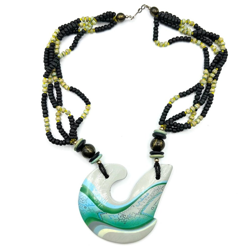 Beaded Statement Necklace with Huge Wooden Pendant